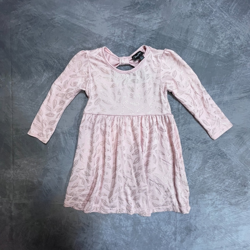 Picapino Flared Dress Girls 3T Pink Metallic Leaf Print Bow Detail Back Stretch